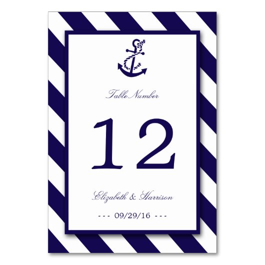 Nautical Stripes & Navy Blue Anchor Wedding Kaart (Voorkant)