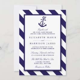 Nautical Stripes & Navy Blue Anchor Wedding Kaart