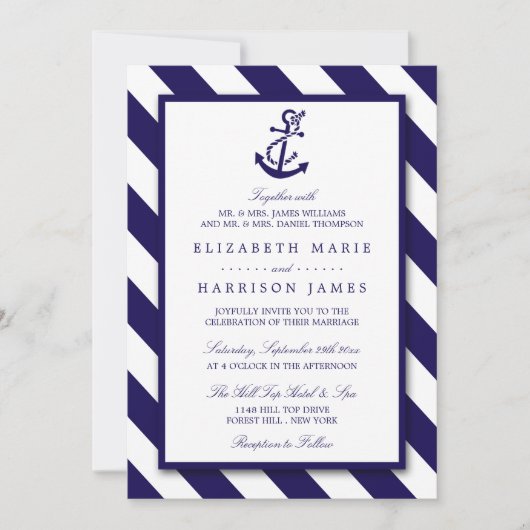 Nautical Stripes & Navy Blue Anchor Wedding Kaart (Voorkant)