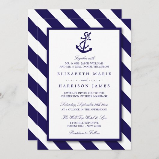 Nautical Stripes & Navy Blue Anchor Wedding Kaart (Voorkant / Achterkant)
