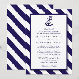 Nautical Stripes & Navy Blue Anchor Wedding Kaart