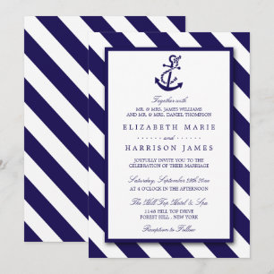 Nautical Stripes & Navy Blue Anchor Wedding Kaart