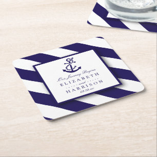 Nautical Stripes & Navy Blue Anchor Wedding Kartonnen Onderzetters