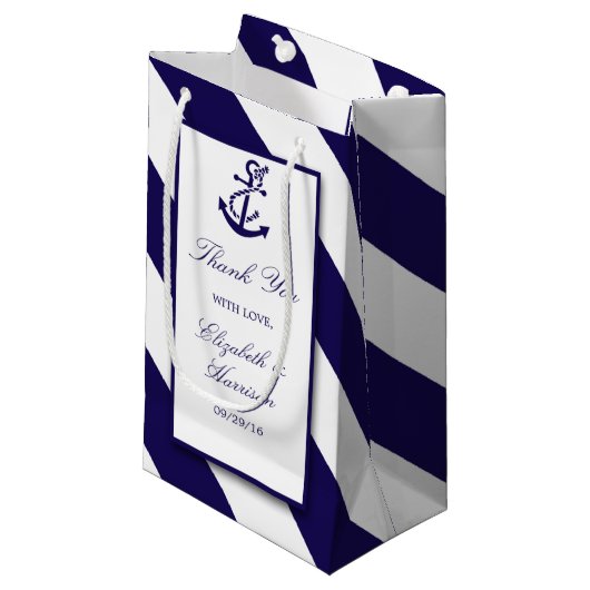 Nautical Stripes & Navy Blue Anchor Wedding Klein Cadeauzakje (Voorkant Gekanteld)