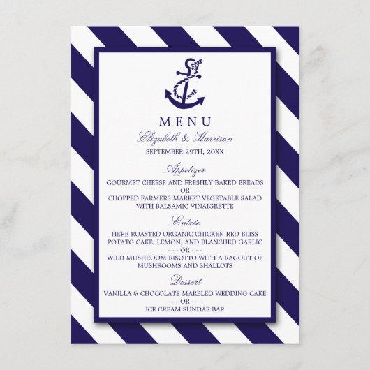 Nautical Stripes & Navy Blue Anchor Wedding Menu (Voorkant)