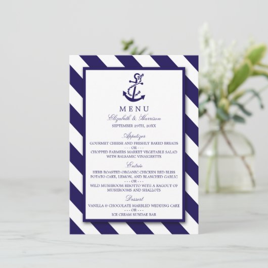Nautical Stripes & Navy Blue Anchor Wedding Menu (Staand voorkant)