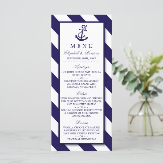 Nautical Stripes & Navy Blue Anchor Wedding Menu (Staand voorkant)