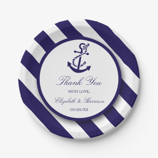 Nautical Stripes & Navy Blue Anchor Wedding Papieren Bordje (Voorkant)