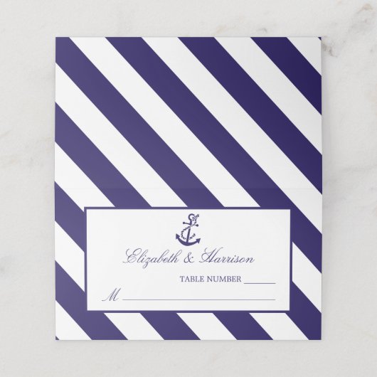 Nautical Stripes & Navy Blue Anchor Wedding Plaatskaartje (Buitenkant ongevouwen)
