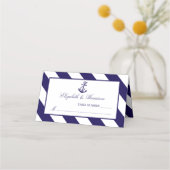 Nautical Stripes & Navy Blue Anchor Wedding Plaatskaartje (Voorkant)
