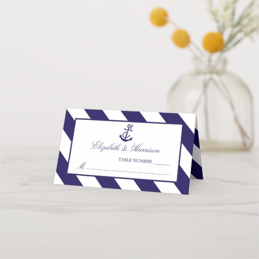 Nautical Stripes & Navy Blue Anchor Wedding Plaatskaartje (Voorkant)