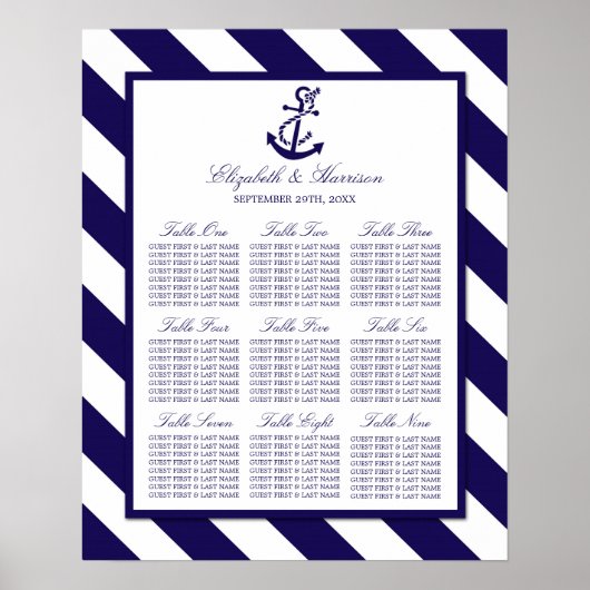 Nautical Stripes & Navy Blue Anchor Wedding Poster (Voorkant)