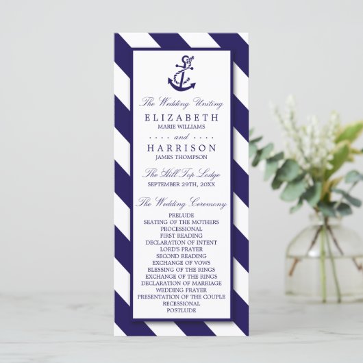 Nautical Stripes & Navy Blue Anchor Wedding Programmakaart (Staand voorkant)