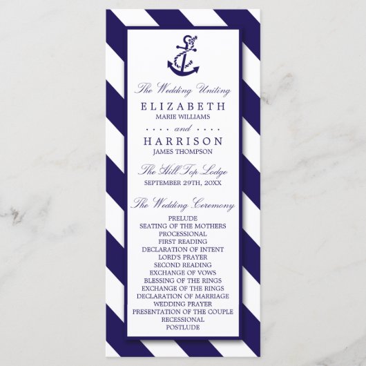 Nautical Stripes & Navy Blue Anchor Wedding Programmakaart (Voorkant)