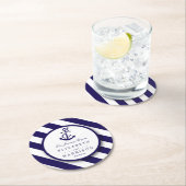 Nautical Stripes & Navy Blue Anchor Wedding Ronde Kartonnen Onderzetter (Insitu)