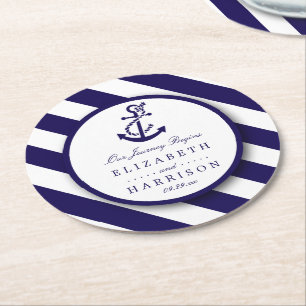 Nautical Stripes & Navy Blue Anchor Wedding Ronde Kartonnen Onderzetter