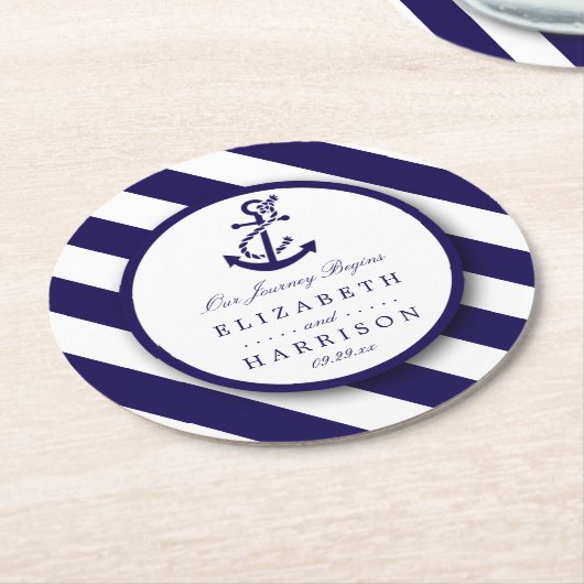 Nautical Stripes & Navy Blue Anchor Wedding Ronde Kartonnen Onderzetter (Gebogen)