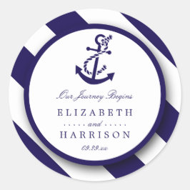 Nautical Stripes & Navy Blue Anchor Wedding Ronde Sticker