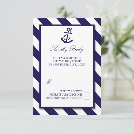 Nautical Stripes & Navy Blue Anchor Wedding RSVP Kaartje (Staand voorkant)