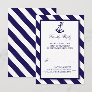 Nautical Stripes & Navy Blue Anchor Wedding RSVP Kaartje
