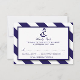 Nautical Stripes & Navy Blue Anchor Wedding RSVP Kaartje
