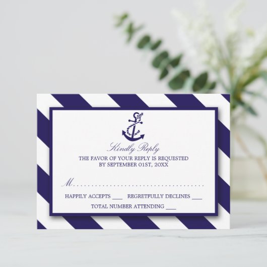 Nautical Stripes & Navy Blue Anchor Wedding RSVP Kaartje (Staand voorkant)