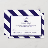 Nautical Stripes & Navy Blue Anchor Wedding RSVP Kaartje (Voorkant / Achterkant)