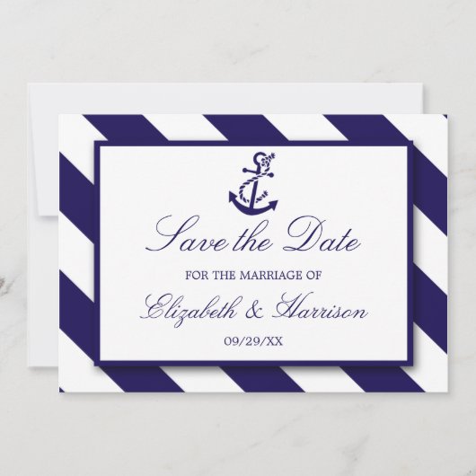 Nautical Stripes & Navy Blue Anchor Wedding Save The Date (Voorkant)