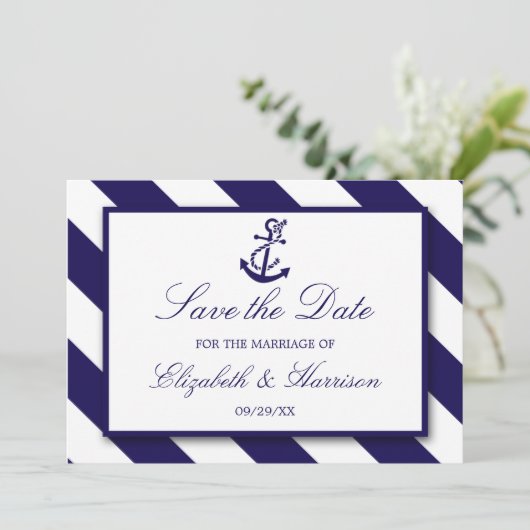 Nautical Stripes & Navy Blue Anchor Wedding Save The Date (Staand voorkant)