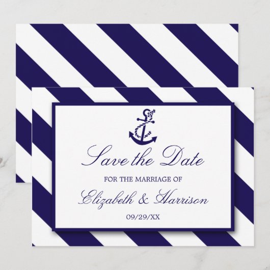Nautical Stripes & Navy Blue Anchor Wedding Save The Date (Voorkant / Achterkant)