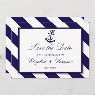 Nautical Stripes & Navy Blue Anchor Wedding Save The Date