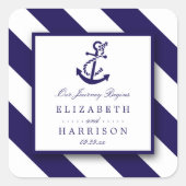 Nautical Stripes & Navy Blue Anchor Wedding Vierkante Sticker (Voorkant)