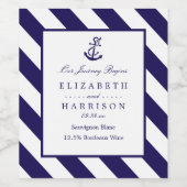 Nautical Stripes & Navy Blue Anchor Wedding Wijn Etiket (Enkel label)