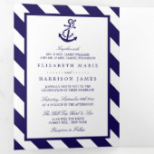 Nautical Stripes & Navy Blue Anker Wedding Suite Drieluik Uitnodiging (Binnenzijde eerst)