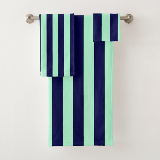 Nautical Stripes Navy Blue en Mint Green Bad Handdoek (Insitu)