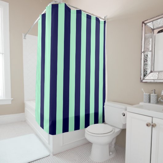 Nautical Stripes Navy Blue en Mint Green Douchegordijn (In situ)