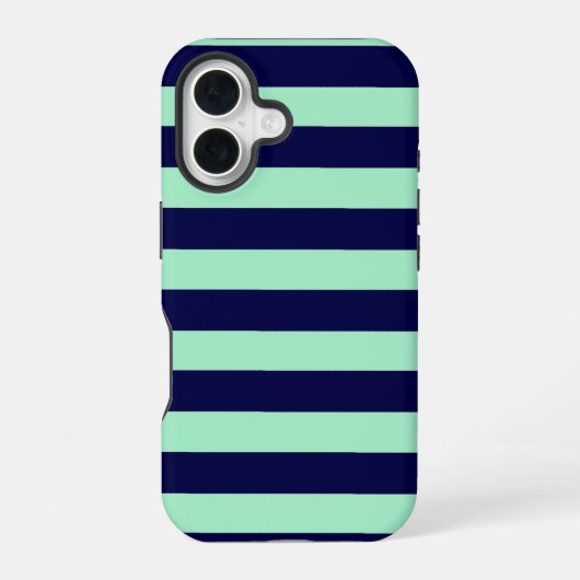 Nautical Stripes Navy Blue en Mint Green iPhone 16 Hoesje (Achterkant)