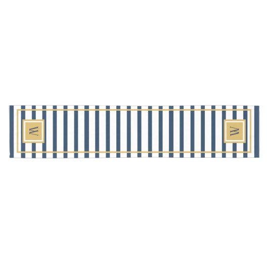 Nautical Stripes Navy Blue Monogram Initiaal Korte Tafelloper (Horizontaal)