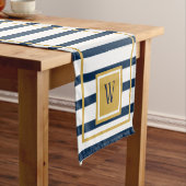 Nautical Stripes Navy Blue Monogram Initiaal Korte Tafelloper (Voorbeeld)