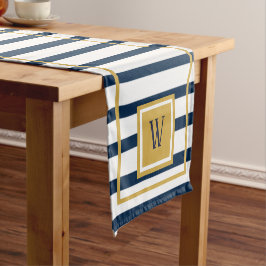 Nautical Stripes Navy Blue Monogram Initiaal Korte Tafelloper