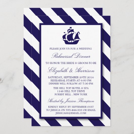 Nautical Stripes Navy Blue Ship Rehearsal Dinner Kaart (Voorkant / Achterkant)