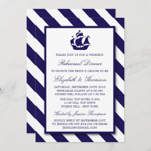 Nautical Stripes Navy Blue Ship Rehearsal Dinner Kaart