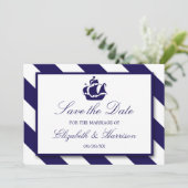 Nautical Stripes & Navy Blue Ship Save the Date (Staand voorkant)