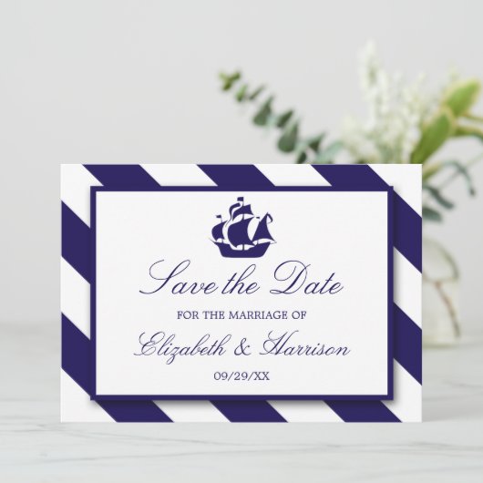 Nautical Stripes & Navy Blue Ship Save the Date (Staand voorkant)