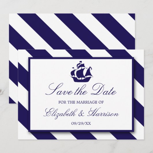 Nautical Stripes & Navy Blue Ship Save the Date (Voorkant / Achterkant)