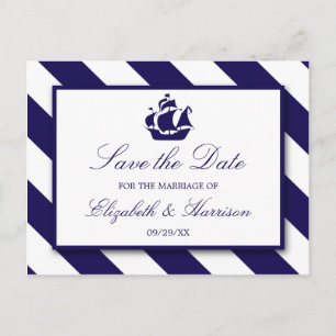Nautical Stripes & Navy Blue Ship Save the Date Aankondigingskaart
