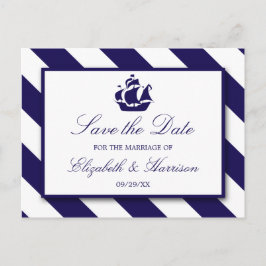 Nautical Stripes & Navy Blue Ship Save the Date Aankondigingskaart