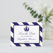 Nautical Stripes & Navy Blue Ship Save the Date Aankondigingskaart (Staand voorkant)