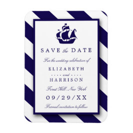 Nautical Stripes & Navy Blue Ship Save the Date Magneet