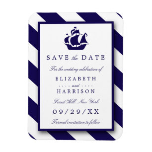 Nautical Stripes & Navy Blue Ship Save the Date Magneet